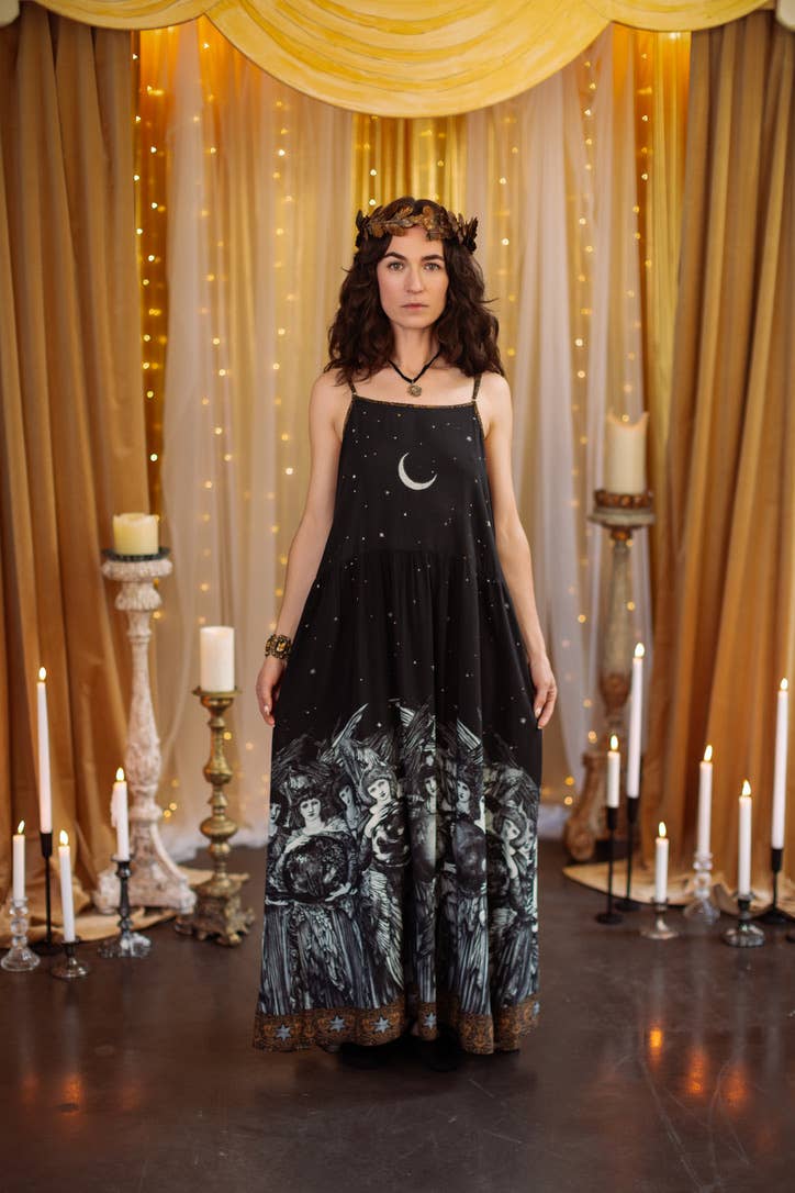 Preorder Ships In November The Guardians Bohéme Slip Maxi Dress w/ angels, moon & stars - Boho Wanderlust Boutique Market of Stars (USA)