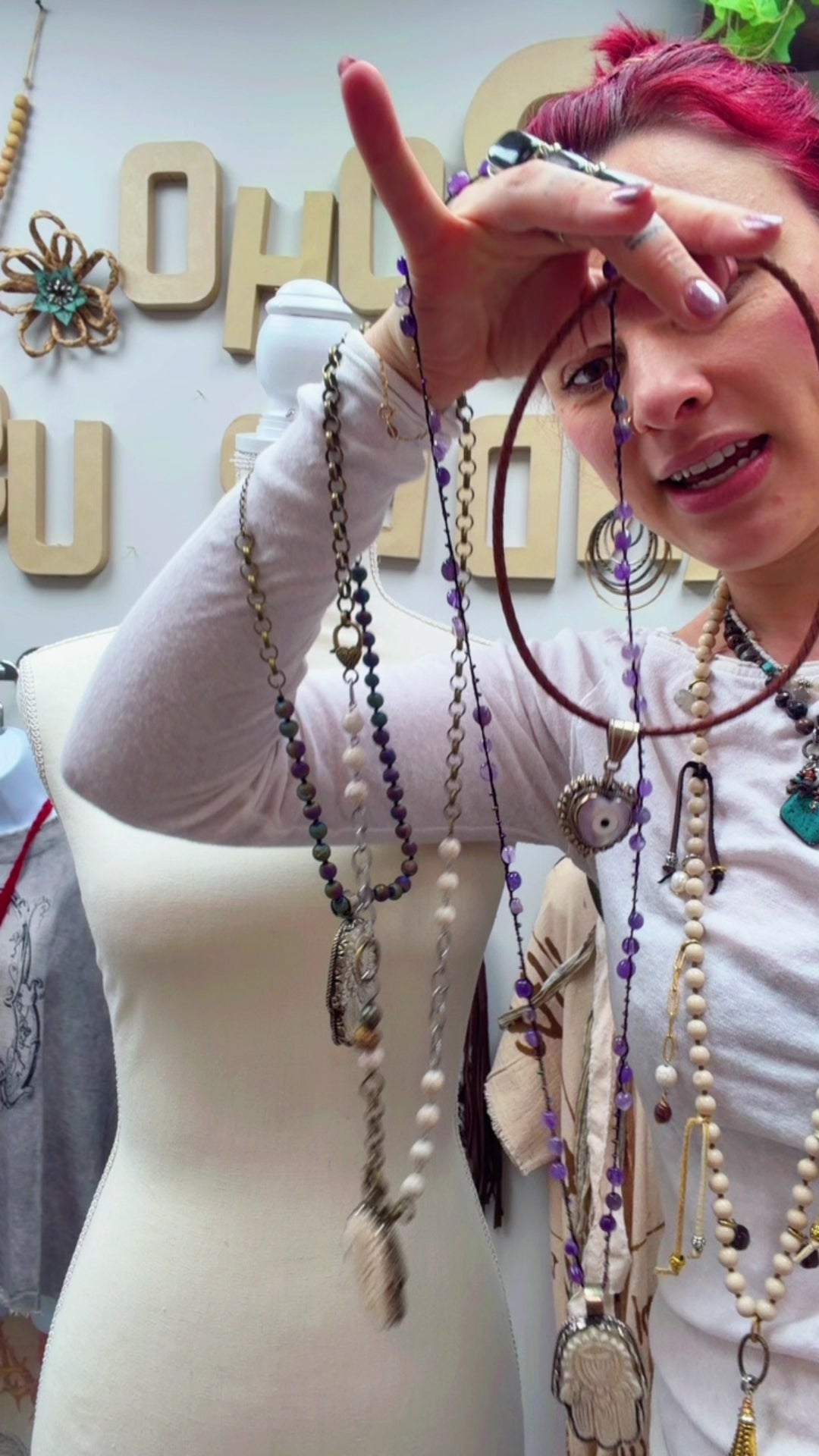 Hamsa Hand Necklace on Knotted Gemstone Chain