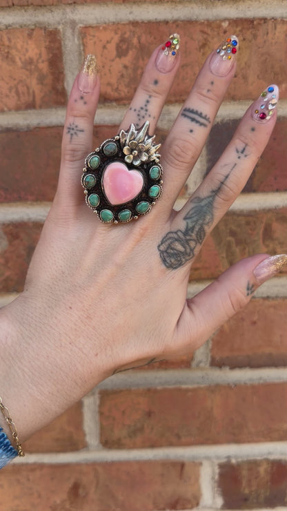 Flaming Heart in Pink Shell & Turquoise Ring