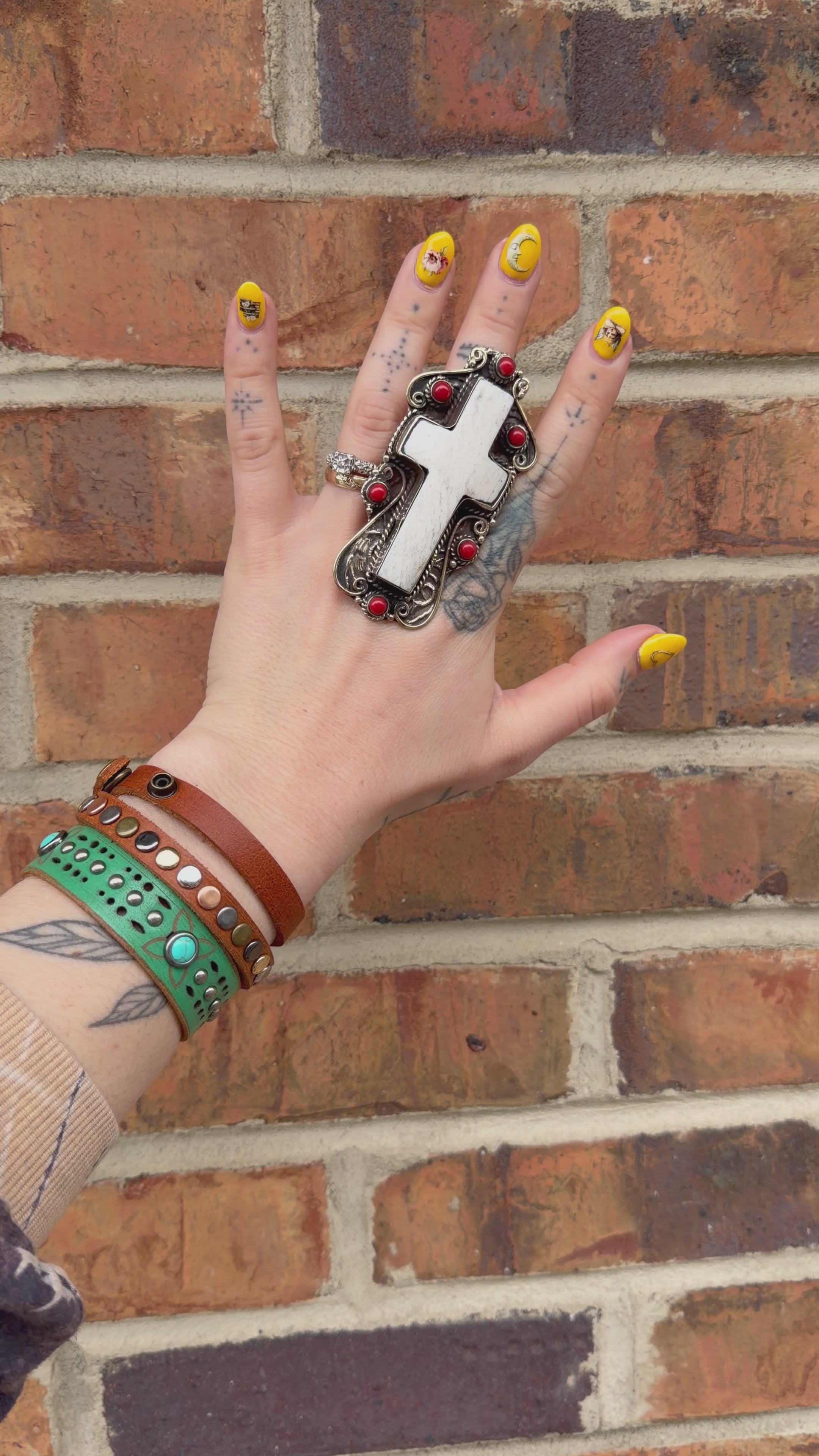 The Cross Ring Etched w/ Bone & Carnelian