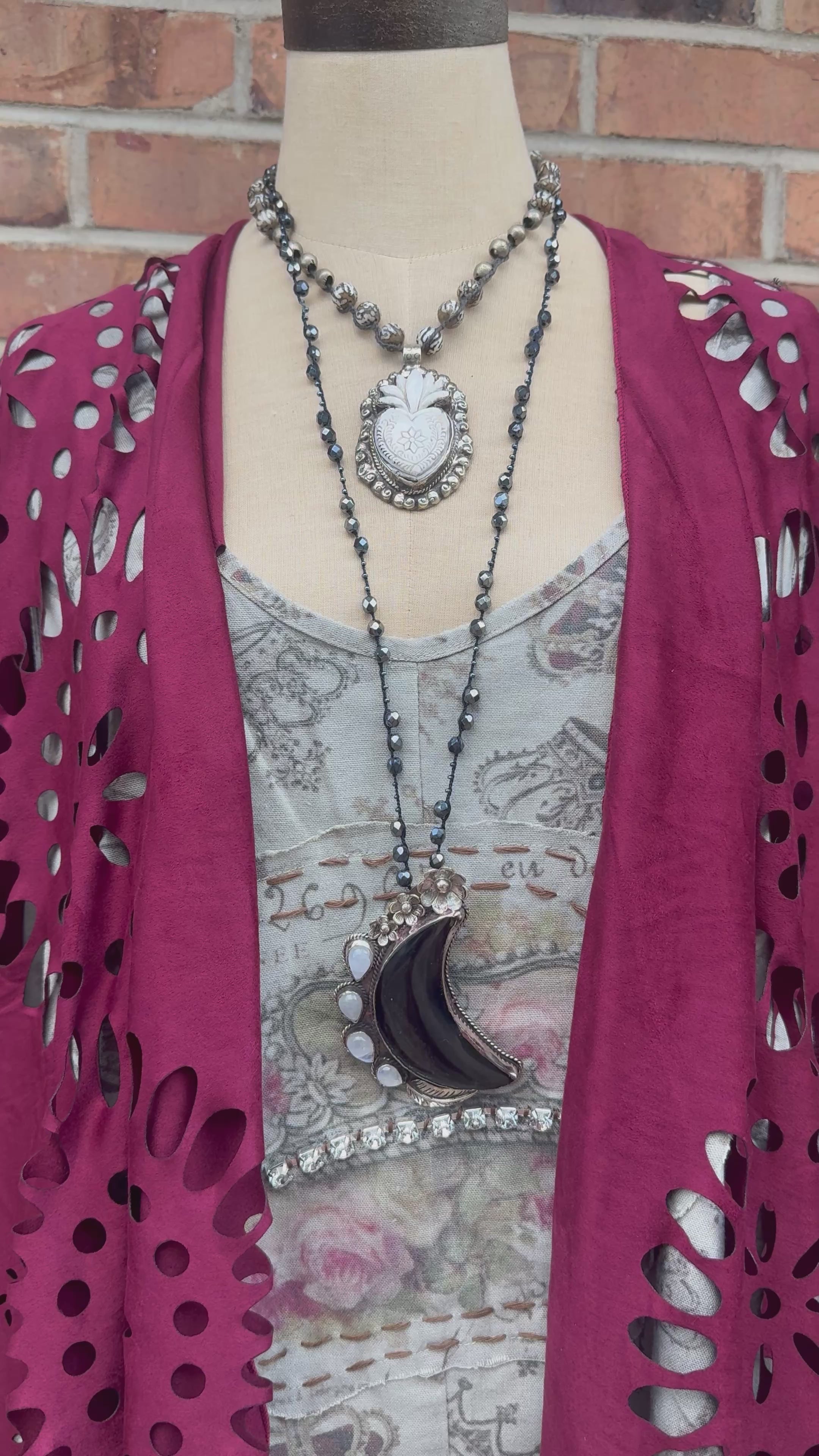 Big Mama Carved Moon Necklace on Knotted Gemstone Chain