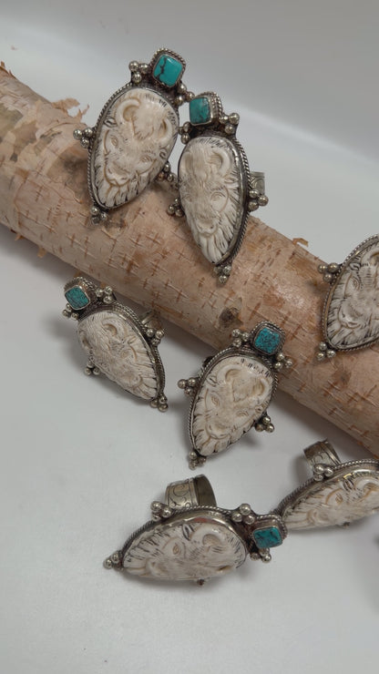 Carved Bison w/  Square Turquoise Ring