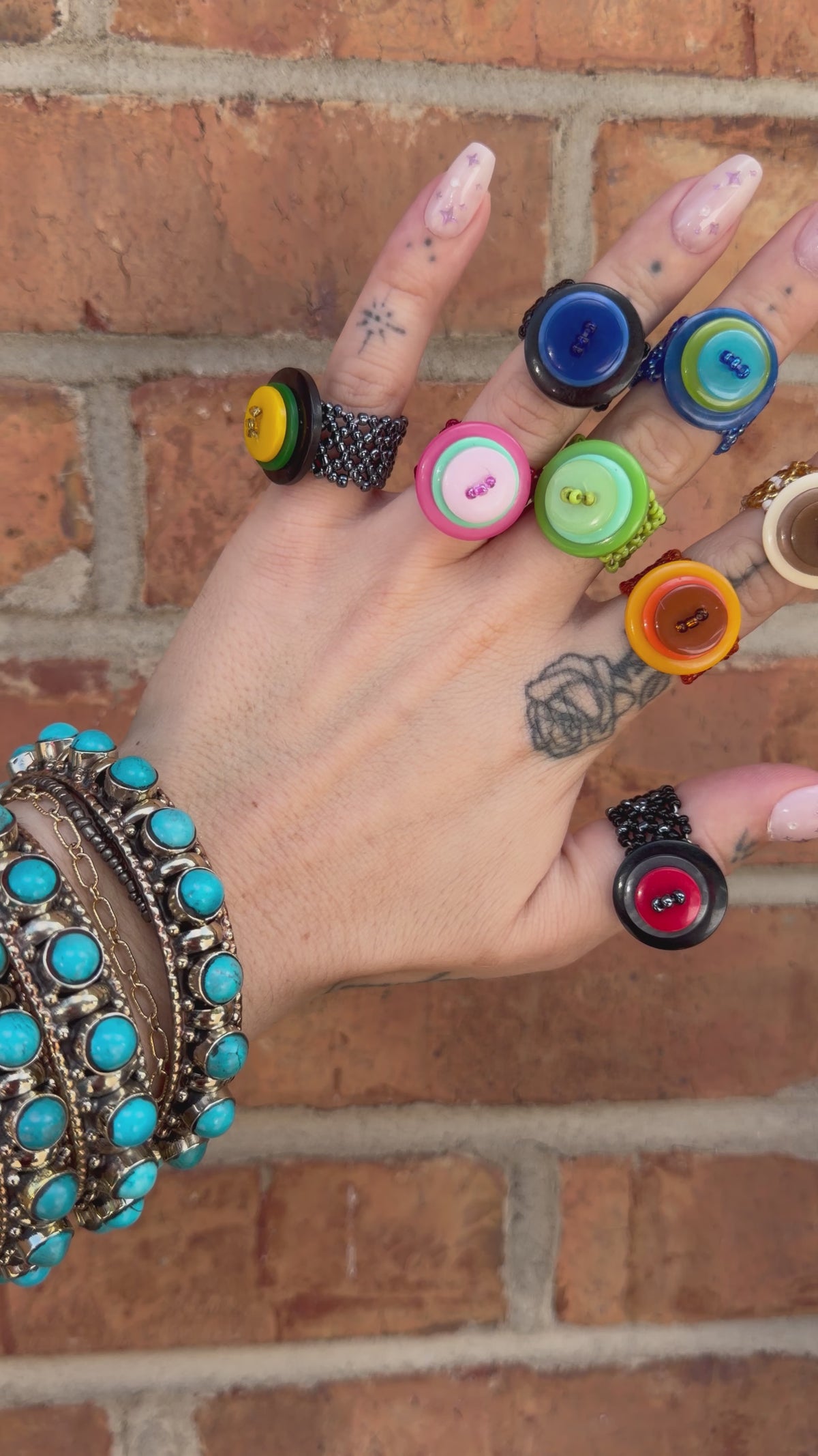 Button ring on hand beaded stretch band - Random in Color