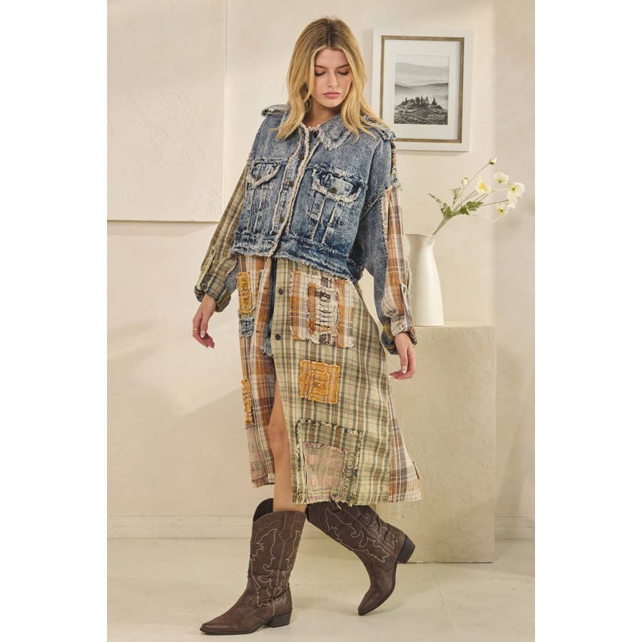 Pumpkin Patch Mixed Plaid & Denim Jacket - ivyandlavyboutique Oli&Hali