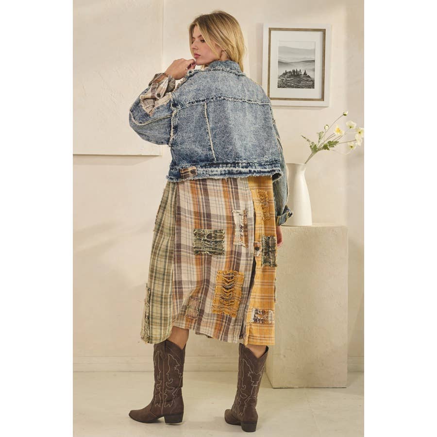 Pumpkin Patch Mixed Plaid & Denim Jacket - ivyandlavyboutique Oli&Hali