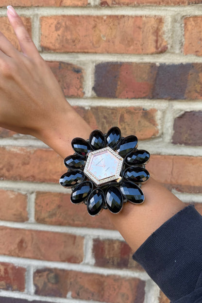 QUARTZ Bedazzled Watch Cuff/Black Crystal - ivyandlavyboutique ivyandlavyboutique