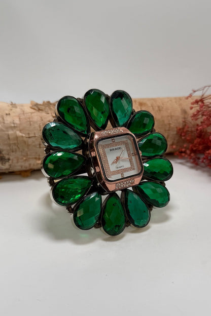 QUARTZ Bedazzled Watch Cuff/Green Crystal - ivyandlavyboutique ivyandlavyboutique