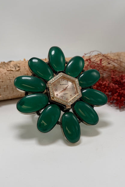 QUARTZ Bedazzled Watch Cuff/Green Stone - ivyandlavyboutique ivyandlavyboutique