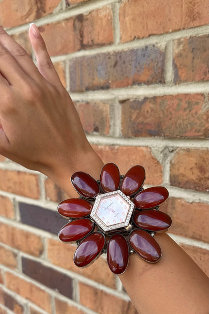 QUARTZ Bedazzled Watch Cuff/Red Stone - ivyandlavyboutique ivyandlavyboutique