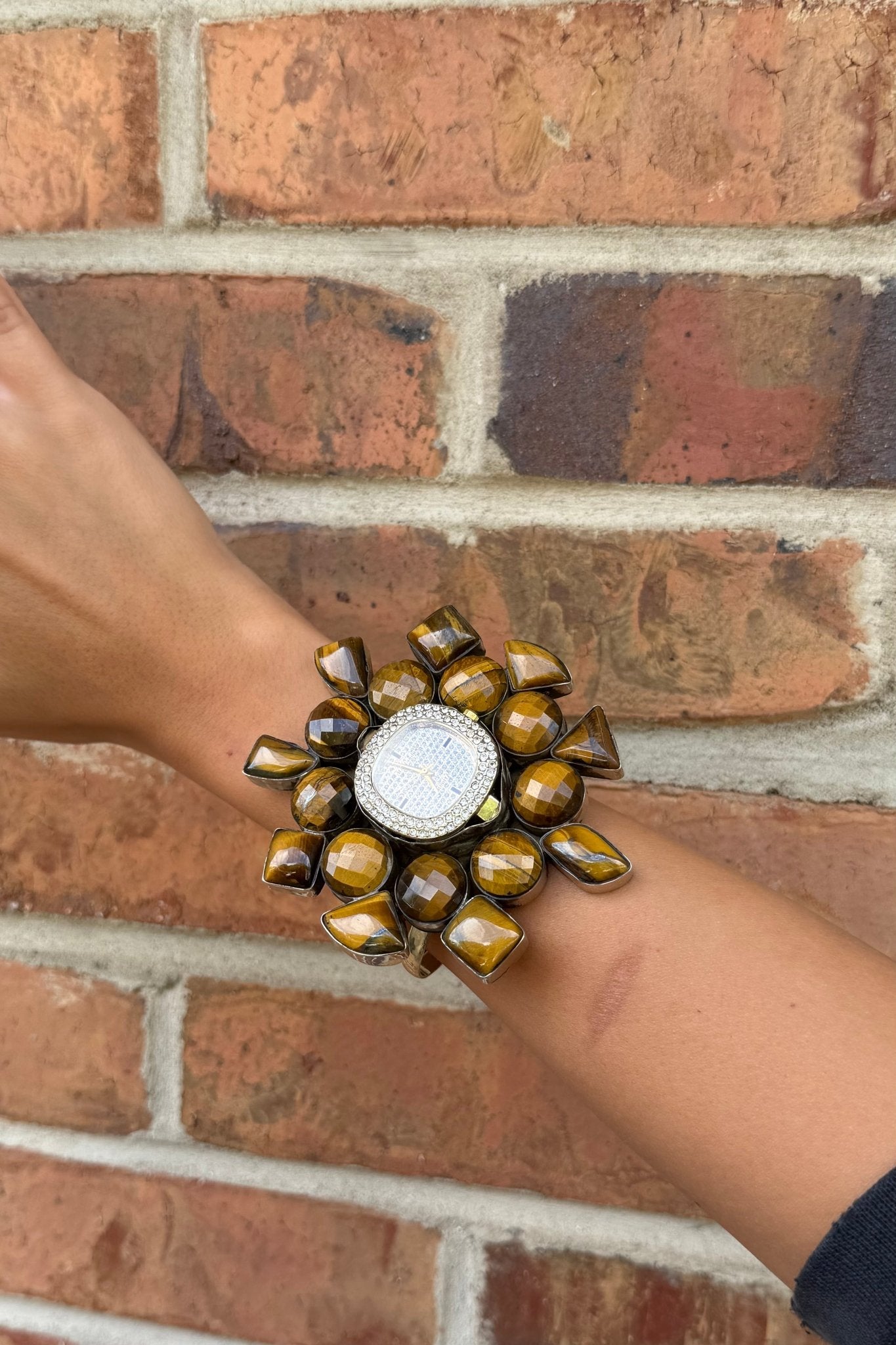 QUARTZ Bedazzled Watch Cuff/Tigers Eye Stone - ivyandlavyboutique ivyandlavyboutique