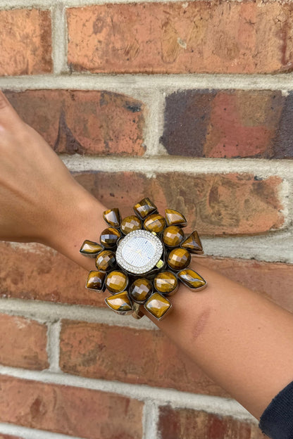QUARTZ Bedazzled Watch Cuff/Tigers Eye Stone - ivyandlavyboutique ivyandlavyboutique