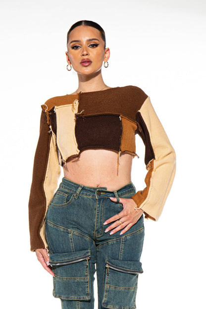 Raw Edge Color Block Cropped Knit Sweater - ivyandlavyboutique Rehab Lab