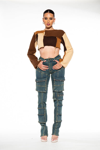 Raw Edge Color Block Cropped Knit Sweater - ivyandlavyboutique Rehab Lab