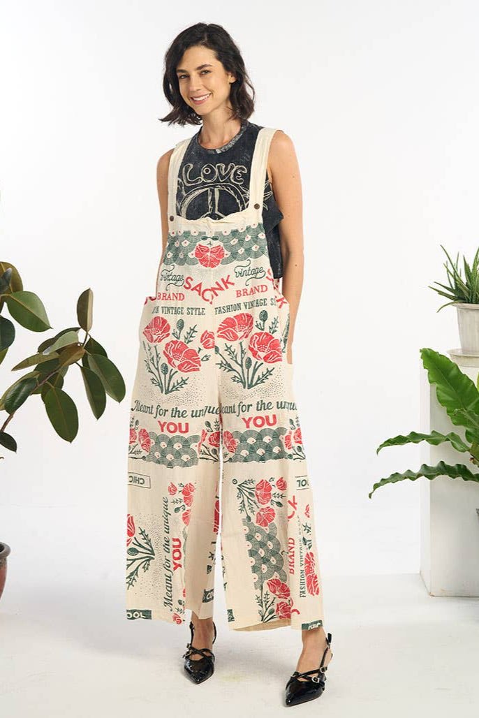 Red Florals Cotton Wide Leg Summer Jumpsuit Overall Printed - ivyandlavyboutique Kathmandu Imports