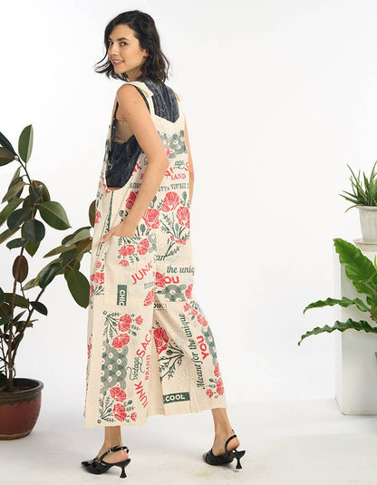 Red Florals Cotton Wide Leg Summer Jumpsuit Overall Printed - ivyandlavyboutique Kathmandu Imports