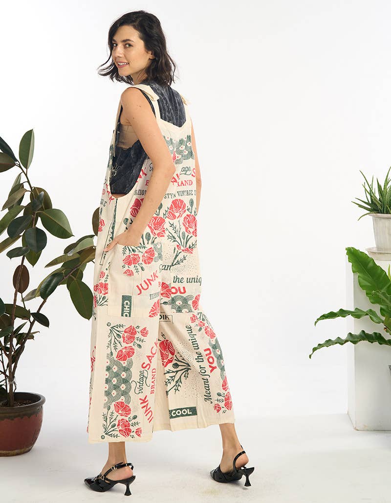 Red Florals Cotton Wide Leg Summer Jumpsuit Overall Printed - ivyandlavyboutique Kathmandu Imports