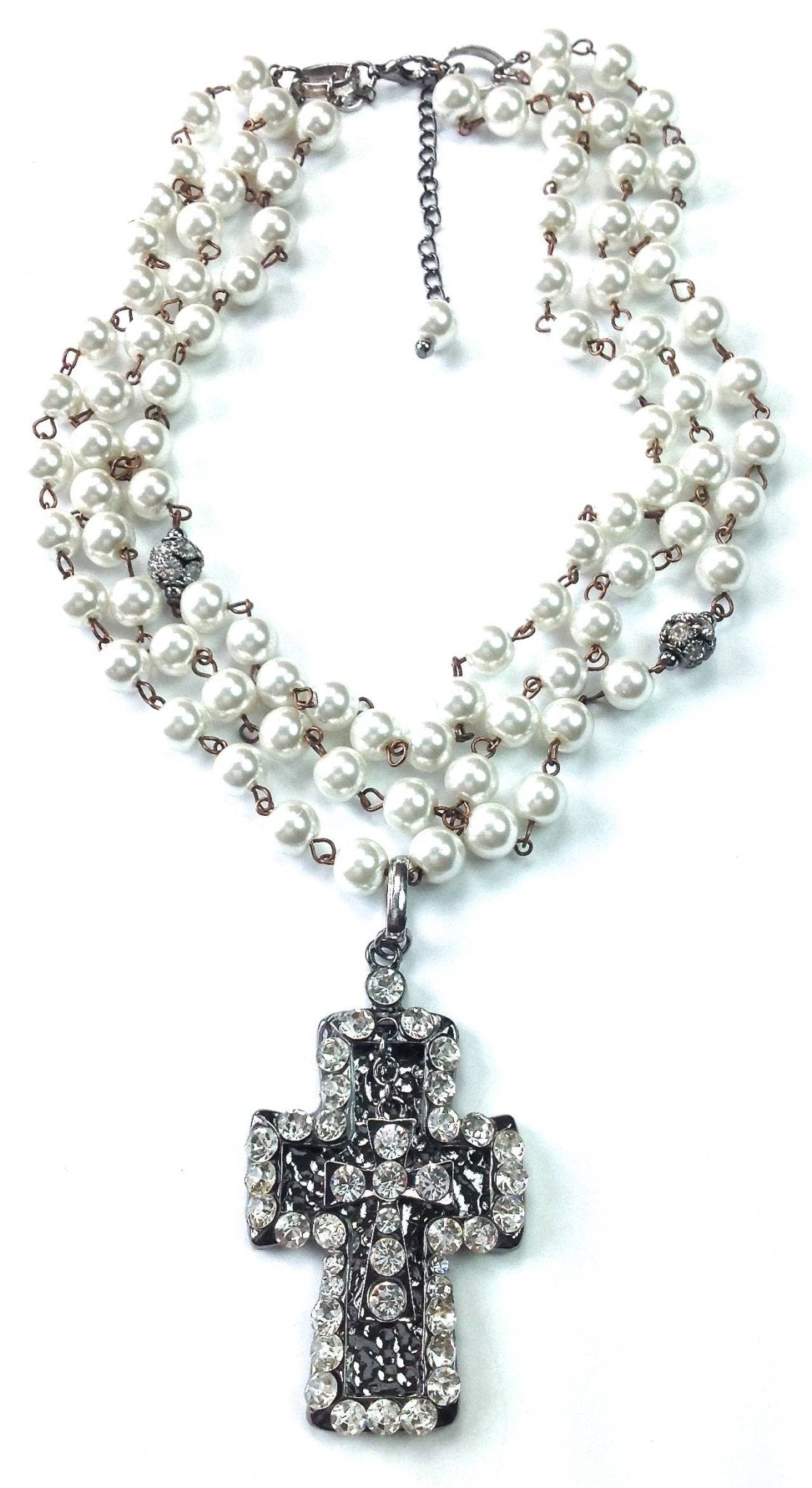 Rosaried Pearls with Cross Pendant Necklace - ivyandlavyboutique Lost & Found Trading