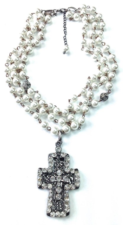 Rosaried Pearls with Cross Pendant Necklace - ivyandlavyboutique Lost & Found Trading