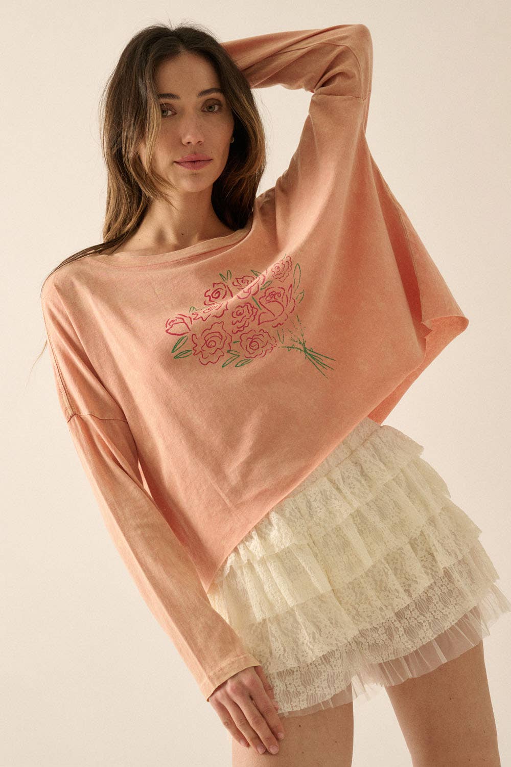 Rose Bouquet Cropped Long-Sleeve Graphic Tee - ivyandlavyboutique Promesa USA