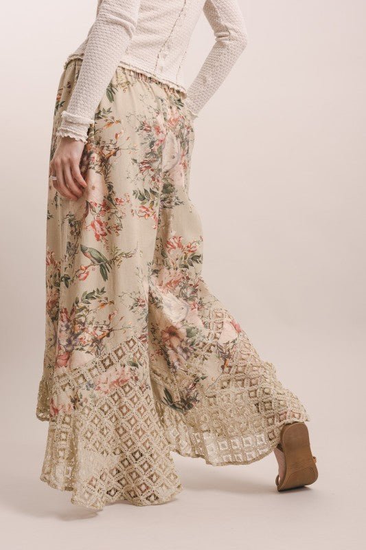 Rose Garden Asymmetrical Wide Leg Floral Lace Trim Pants - ivyandlavyboutique Blue Velvet