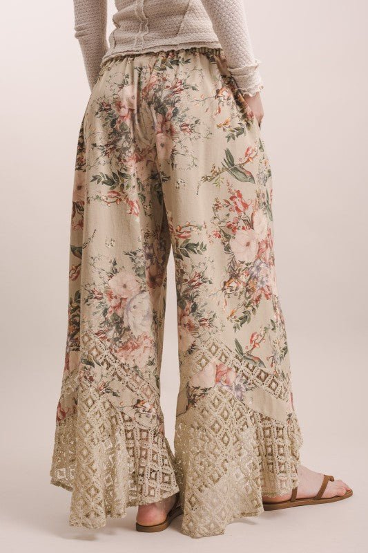 Rose Garden Asymmetrical Wide Leg Floral Lace Trim Pants - ivyandlavyboutique Blue Velvet