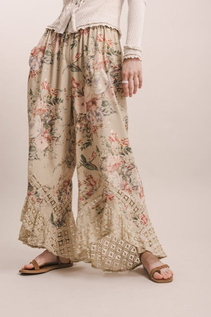 Rose Garden Asymmetrical Wide Leg Floral Lace Trim Pants - ivyandlavyboutique Blue Velvet