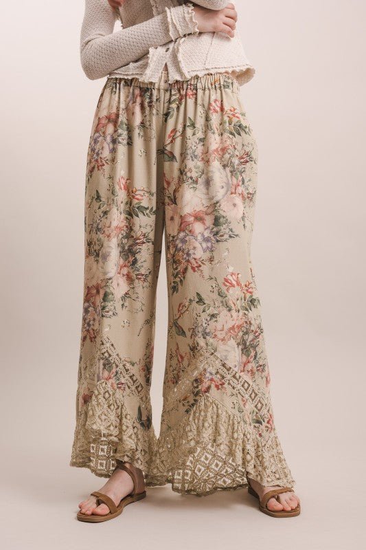 Rose Garden Asymmetrical Wide Leg Floral Lace Trim Pants - ivyandlavyboutique Blue Velvet