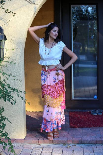 Rose Meadow Floral Patchwork Ruffle Skirt - ivyandlavyboutique Sacred Threads