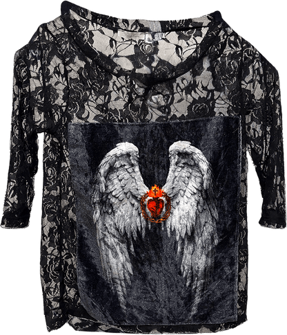 Roses w/Heart & Angel Wing Appliqué in Black - ivyandlavyboutique LeParisPetit by I Love Linen