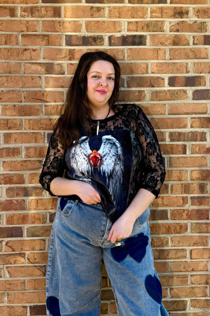 Roses w/Heart & Angel Wing Appliqué in Black - ivyandlavyboutique LeParisPetit by I Love Linen