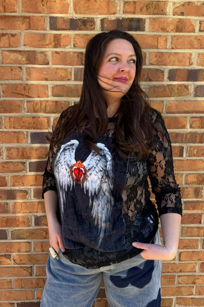 Roses w/Heart & Angel Wing Appliqué in Black - ivyandlavyboutique LeParisPetit by I Love Linen