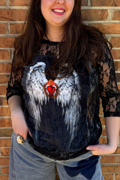 Roses w/Heart & Angel Wing Appliqué in Black - ivyandlavyboutique LeParisPetit by I Love Linen