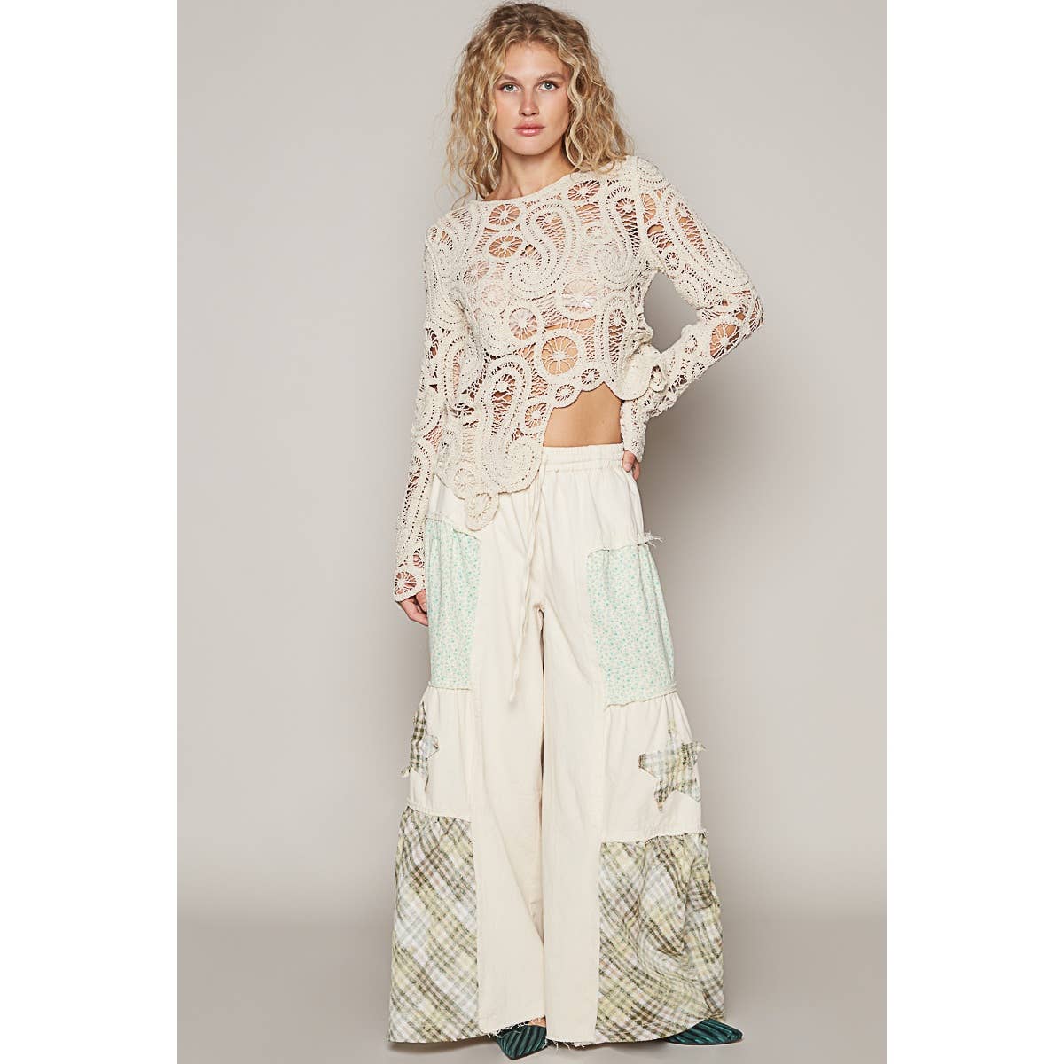 Round neck long sleeve solid crochet top: NATURAL / OS - ivyandlavyboutique Pol Clothing