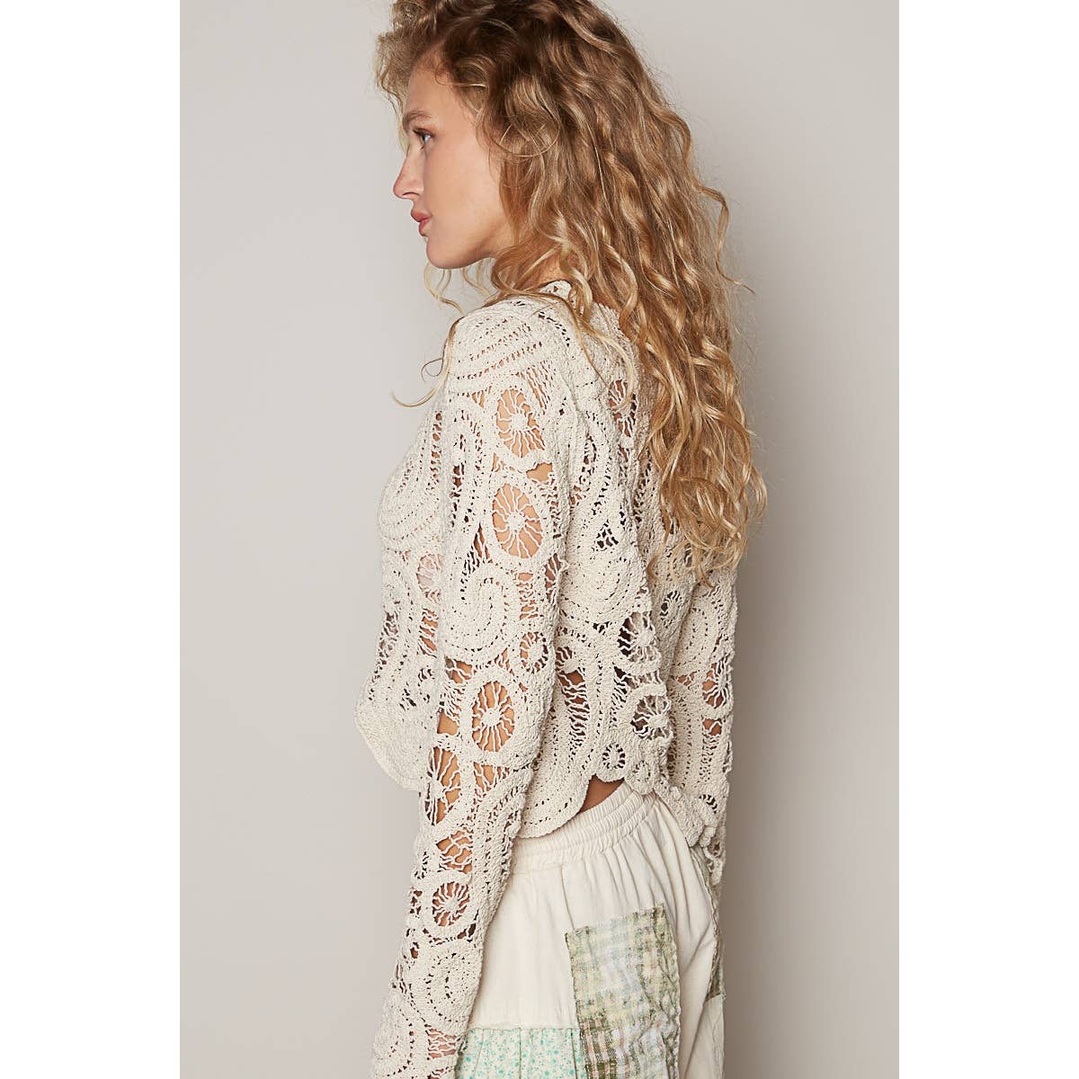 Round neck long sleeve solid crochet top: NATURAL / OS - ivyandlavyboutique Pol Clothing