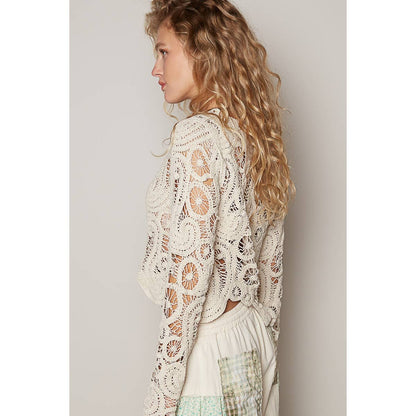 Round neck long sleeve solid crochet top: NATURAL / OS - ivyandlavyboutique Pol Clothing
