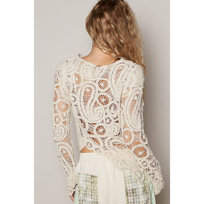 Round neck long sleeve solid crochet top: NATURAL / OS - ivyandlavyboutique Pol Clothing