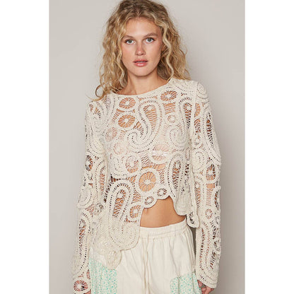 Round neck long sleeve solid crochet top: NATURAL / OS - ivyandlavyboutique Pol Clothing