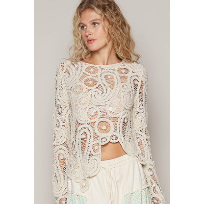 Round neck long sleeve solid crochet top: NATURAL / OS - ivyandlavyboutique Pol Clothing
