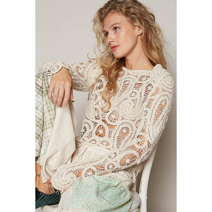 Round neck long sleeve solid crochet top: NATURAL / OS - ivyandlavyboutique Pol Clothing