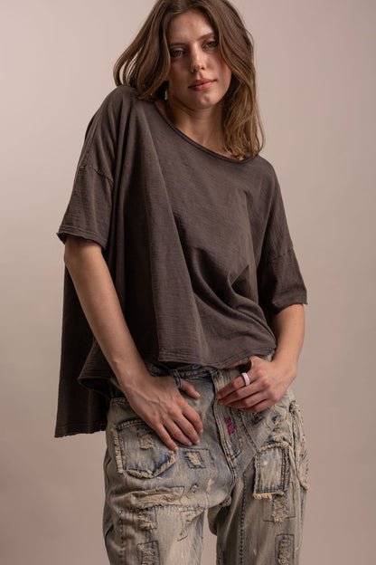Round Neck Short Sleeve High-low Hem Oversized Shirt - Boho Wanderlust Boutique Blue Velvet