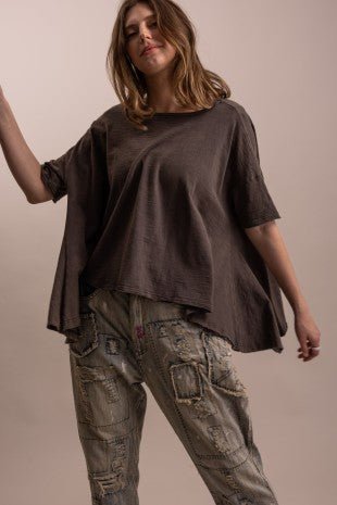 Round Neck Short Sleeve High-low Hem Oversized Shirt - Boho Wanderlust Boutique Blue Velvet