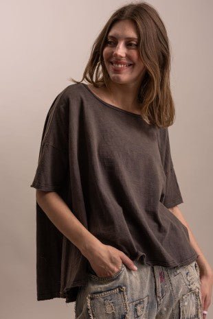 Round Neck Short Sleeve High-low Hem Oversized Shirt - Boho Wanderlust Boutique Blue Velvet