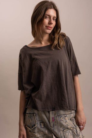 Round Neck Short Sleeve High-low Hem Oversized Shirt - Boho Wanderlust Boutique Blue Velvet