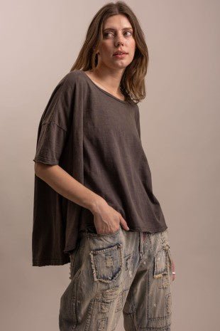 Round Neck Short Sleeve High-low Hem Oversized Shirt - Boho Wanderlust Boutique Blue Velvet