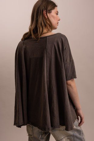 Round Neck Short Sleeve High-low Hem Oversized Shirt - Boho Wanderlust Boutique Blue Velvet