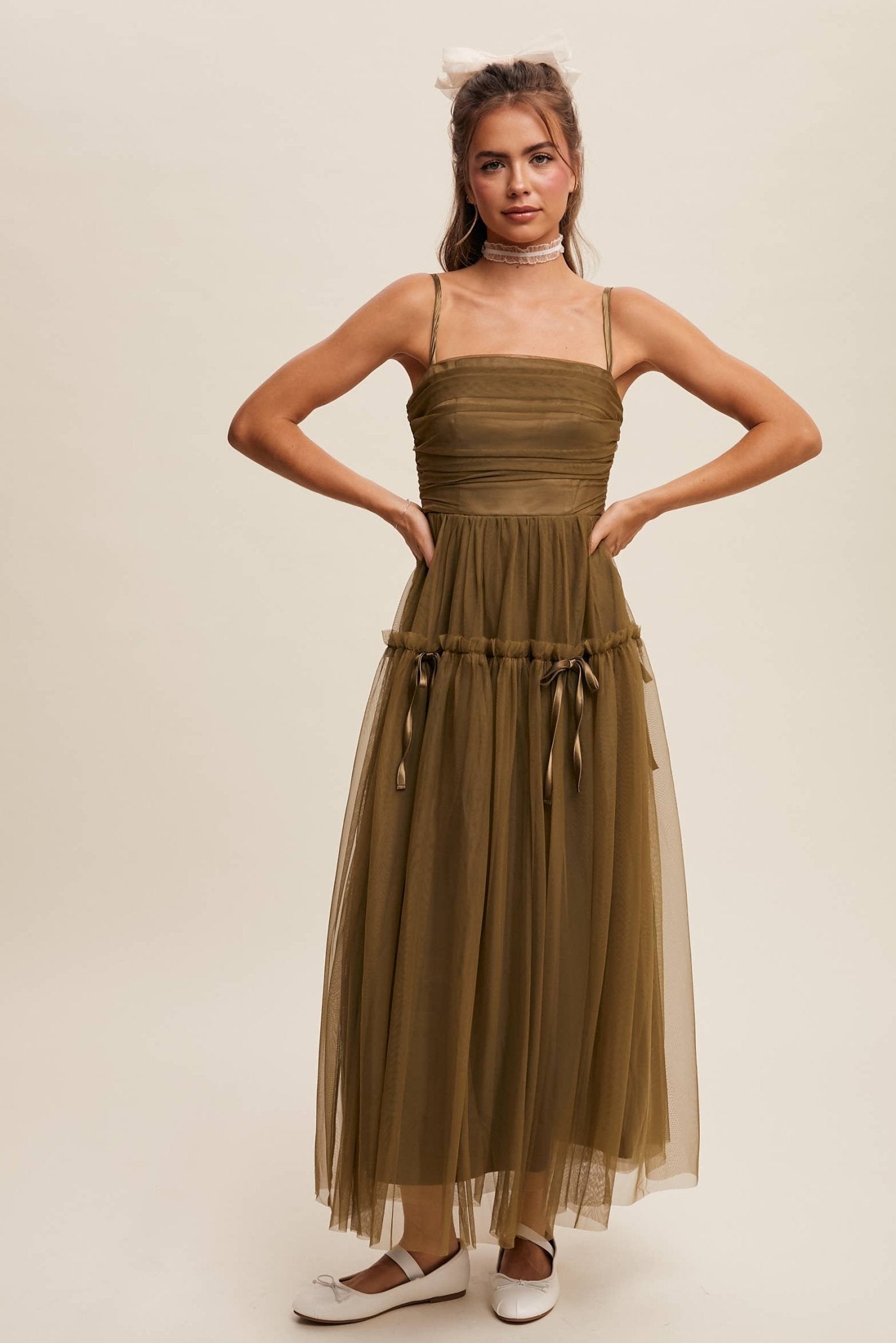 Ruched Tulle Ribbon Detail Midi Dress: Olive / S - ivyandlavyboutique Listicle