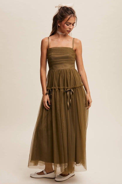 Ruched Tulle Ribbon Detail Midi Dress: Olive / S - ivyandlavyboutique Listicle
