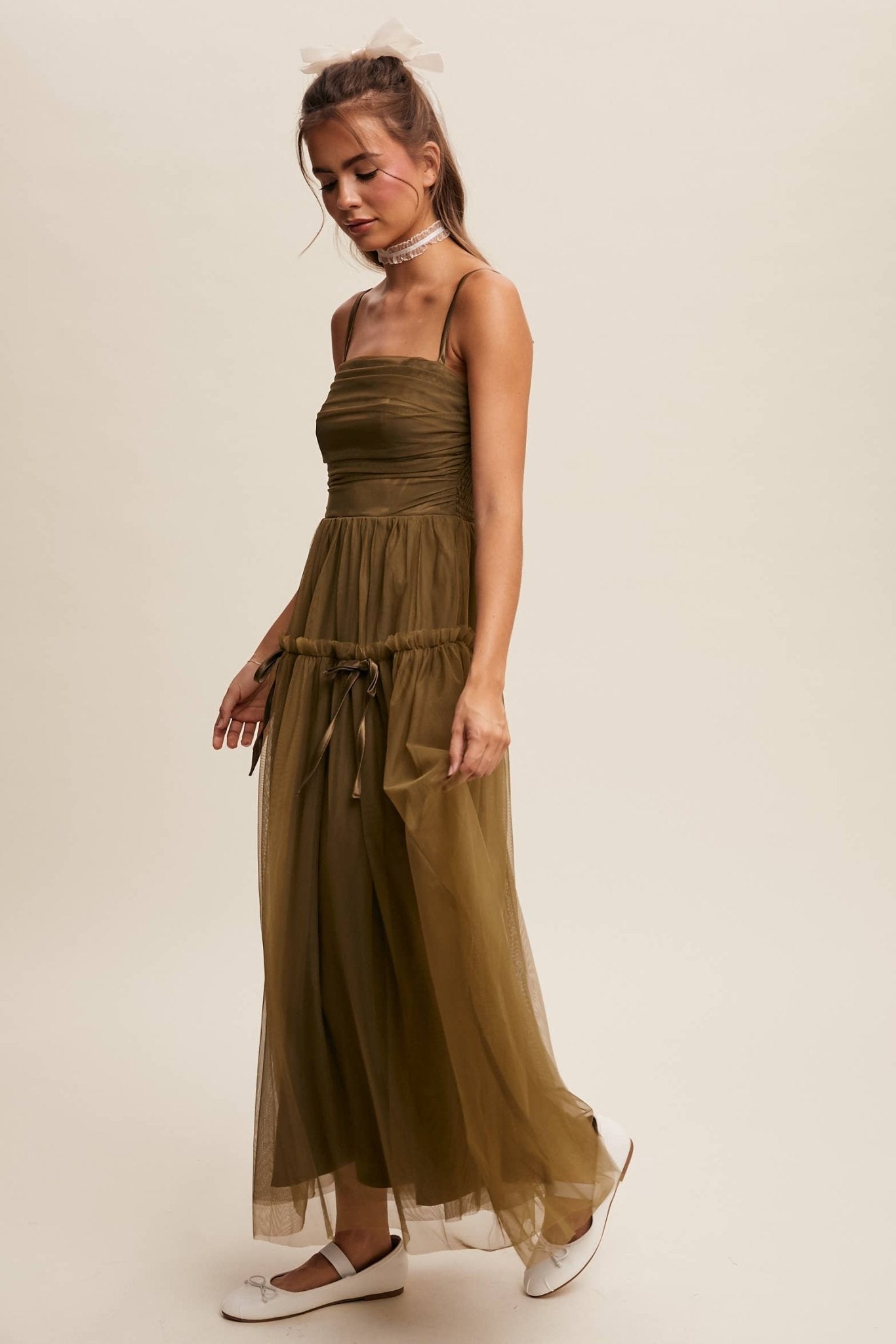 Ruched Tulle Ribbon Detail Midi Dress: Olive / S - ivyandlavyboutique Listicle