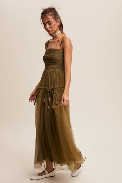 Ruched Tulle Ribbon Detail Midi Dress: Olive / S - ivyandlavyboutique Listicle