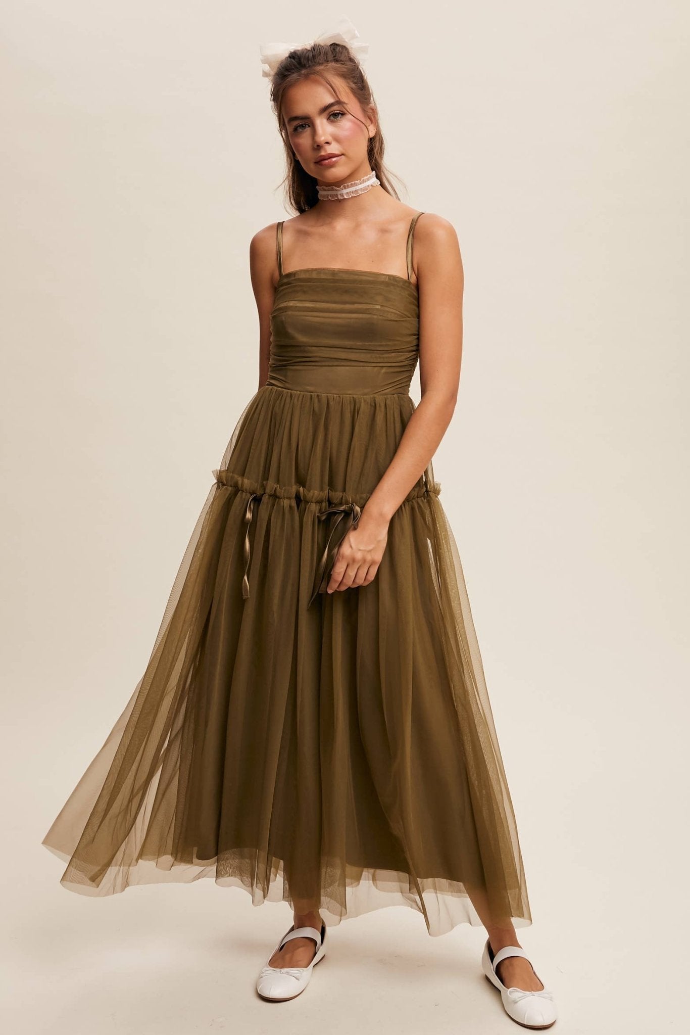 Ruched Tulle Ribbon Detail Midi Dress: Olive / S - ivyandlavyboutique Listicle